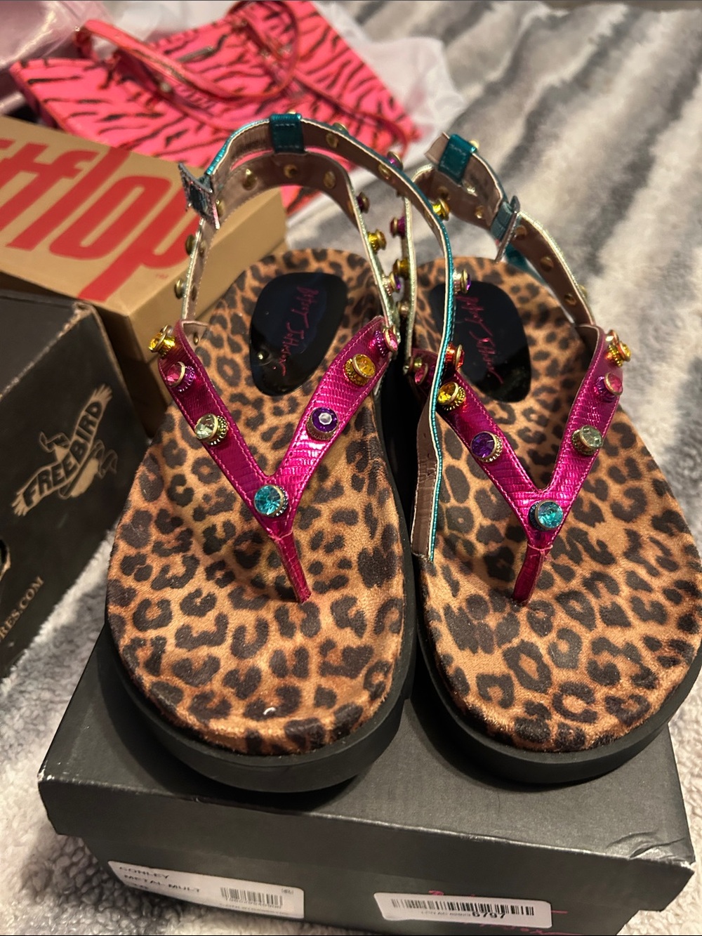 Betsey Johnson Hot Pink Jeweled Leopard Print Thong Sandals